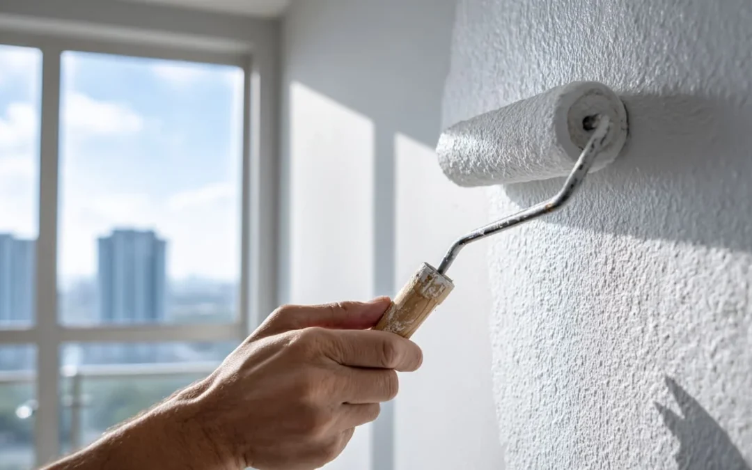 Streichen einer Wand mit Dispersionsfarbe, gleichmäßiger Auftrag mit Rolle
