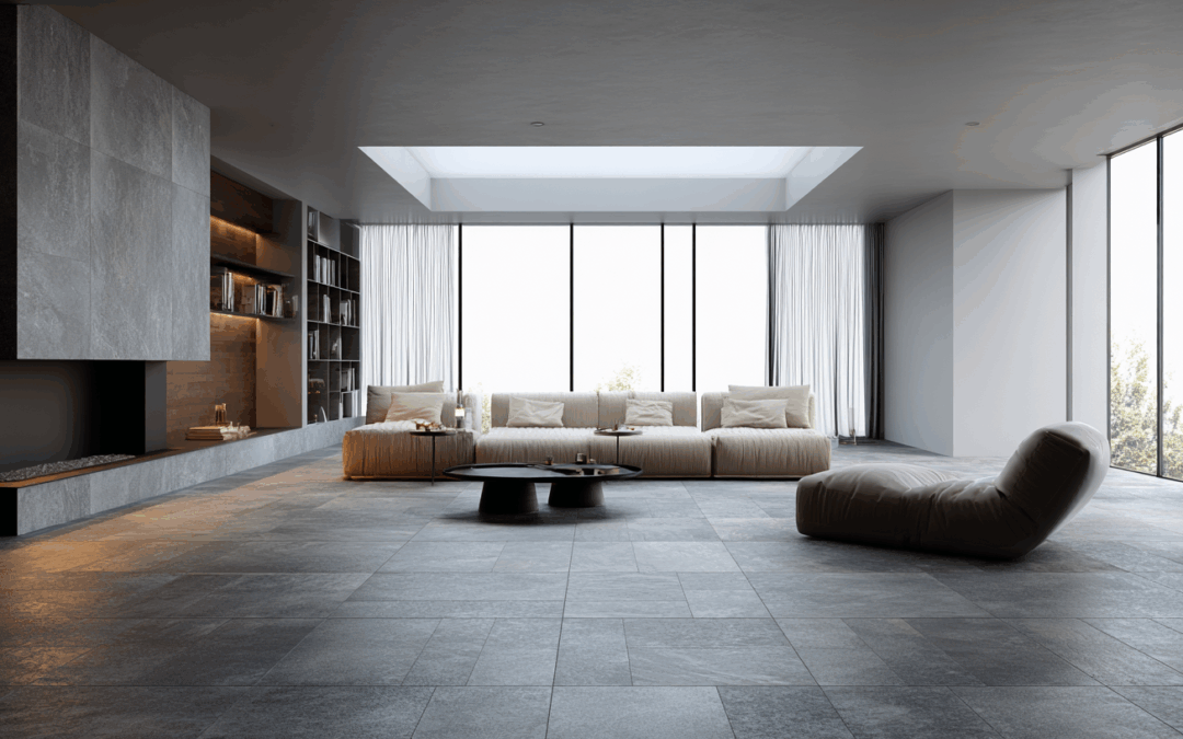 Modernes Wohnzimmer mit großformatigen Feinsteinzeug Fliesen, elegante Fliesen Feinsteinzeug auf Boden und Wänden