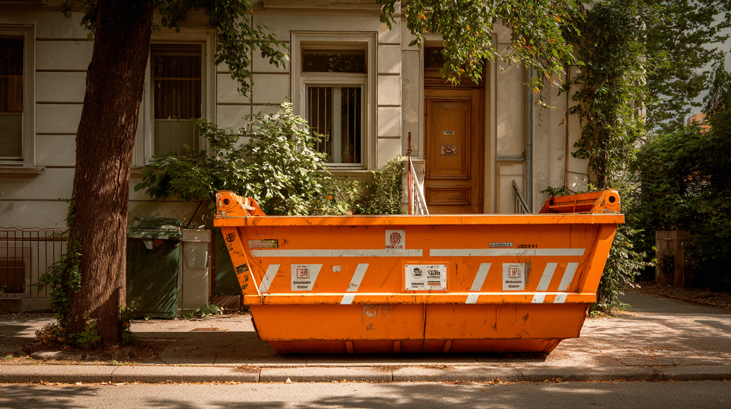 Orange Mulde in Wien aufgestellt – ideal für Bauschutt, Renovierung und Entrümpelung, Container mieten für schnelle Entsorgung.