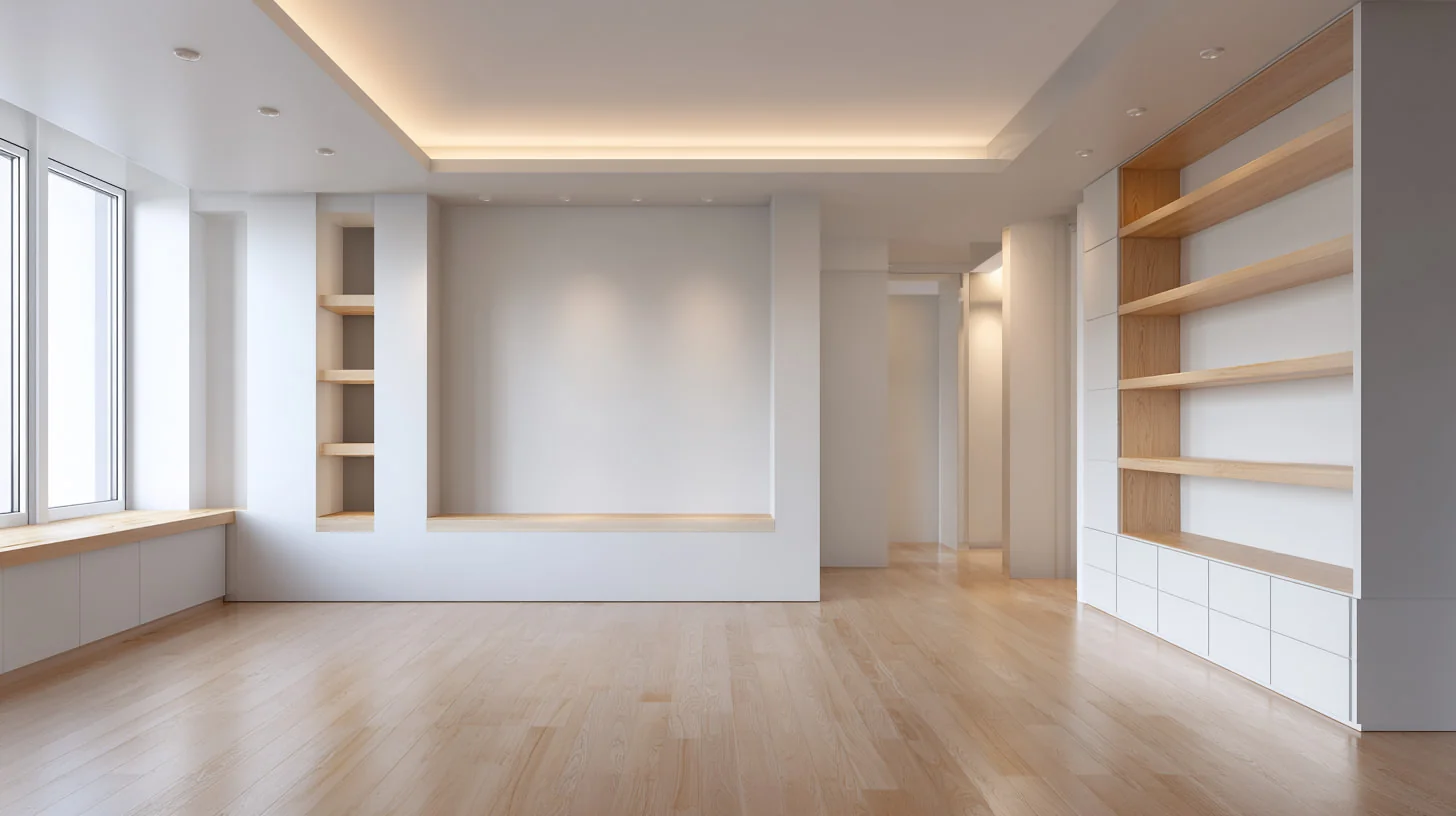 Moderner Innenausbau mit Trockenbauwand, Deckenverkleidung und integrierten Regalen – professionelle Trockenbauer in Wien