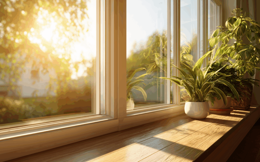 Modernes, energieeffizientes Fenster mit Sonnenlicht und Zimmerpflanzen auf der Fensterbank