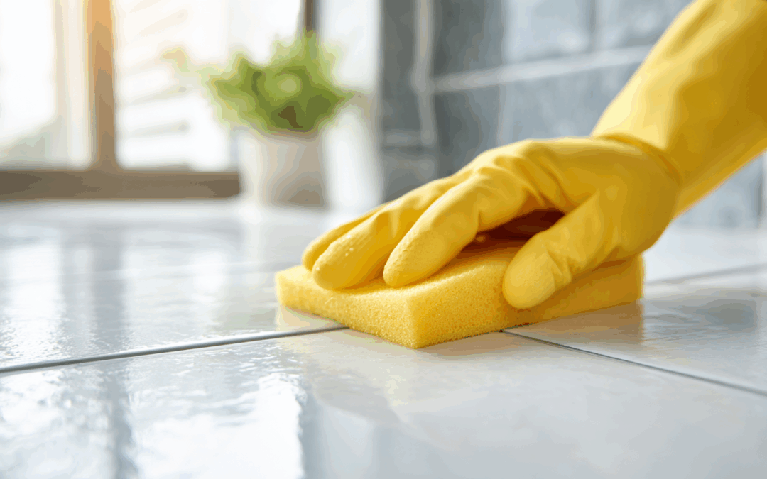 Hand mit gelbem Reinigungshandschuh reinigt glänzende Fliesenfugen mit Schwamm in modernem Badezimmer