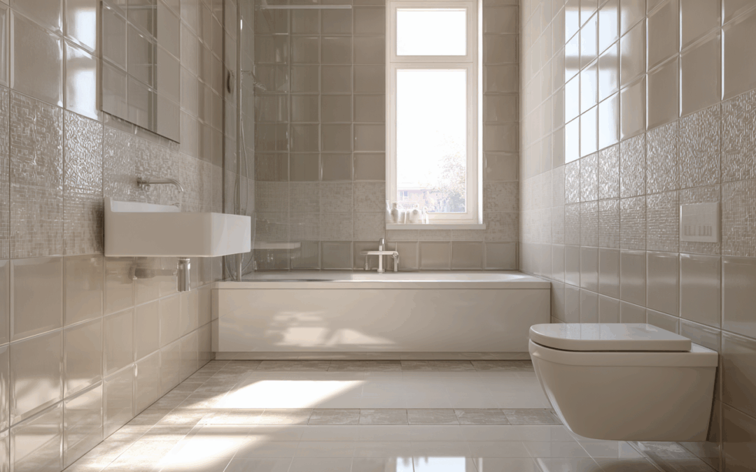 Badezimmerfliesen Wien – moderne Wand- und Bodenfliesen in neutralen Farbtönen, kombiniert mit strukturierter Oberfläche für stilvolles Design.