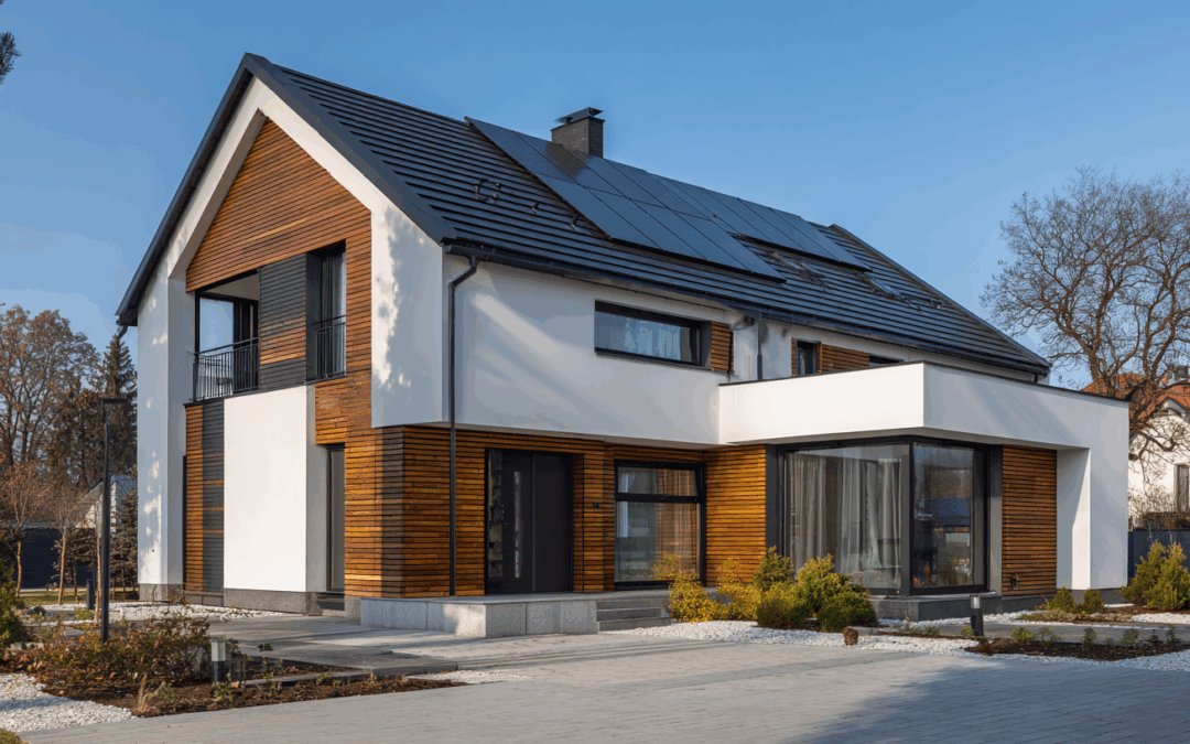Bundesförderung Sanierung 2025 – modernes Einfamilienhaus mit energieeffizienter Fassade, Dämmung und Photovoltaikanlage.