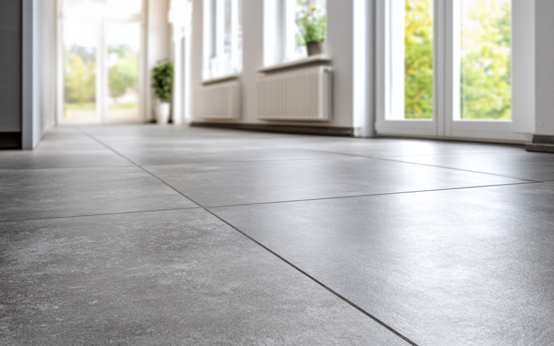 Großformatige Feinsteinzeugfliesen in modernem Wohnraum mit bodentiefen Fenstern.