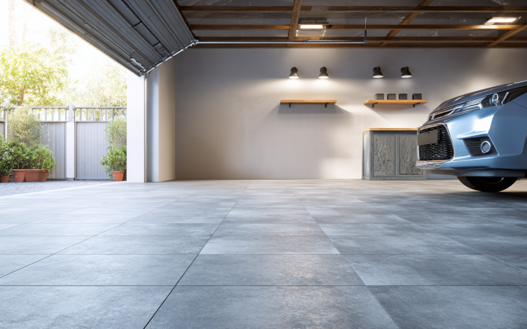 Großformatige Bodenfliesen in einer modernen Garage mit Fahrzeug.