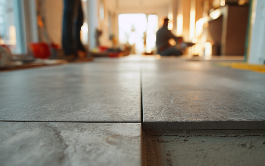 Großformatige Bodenfliesen bei der Verlegung durch einen Fliesenleger im Innenraum.