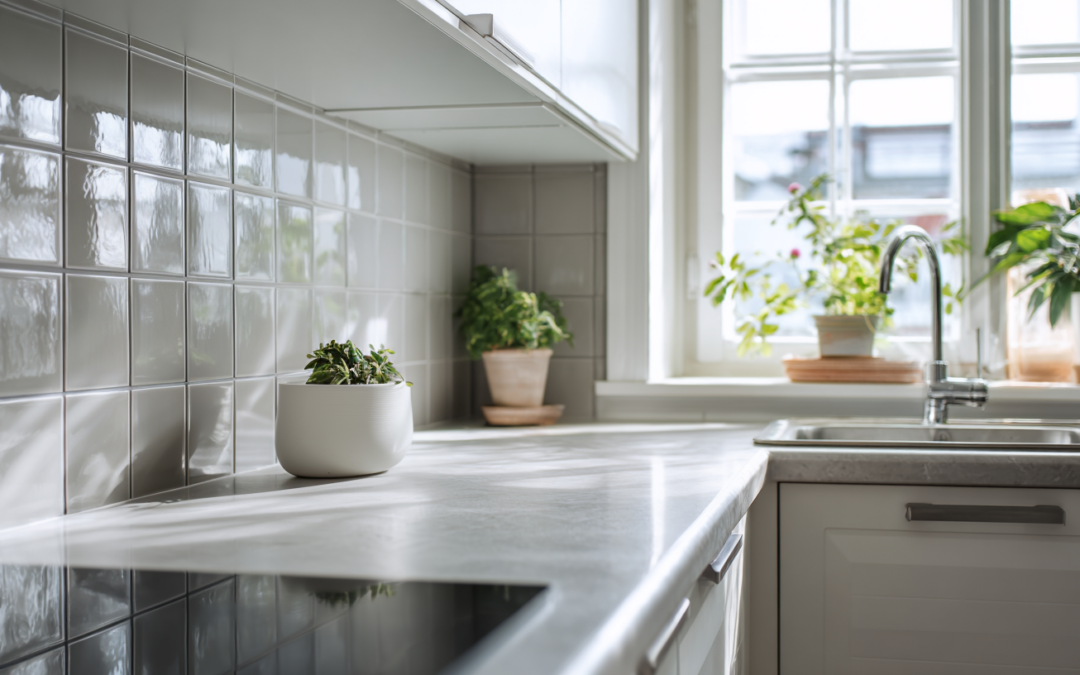 Moderne Küchenfliesen als Fliesenspiegel über der Arbeitsplatte mit Spüle.