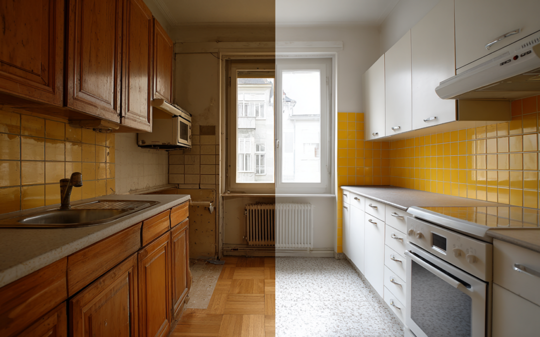 Küchenrenovierung vorher und nachher mit moderner Küchenzeile und neuen Fliesen.