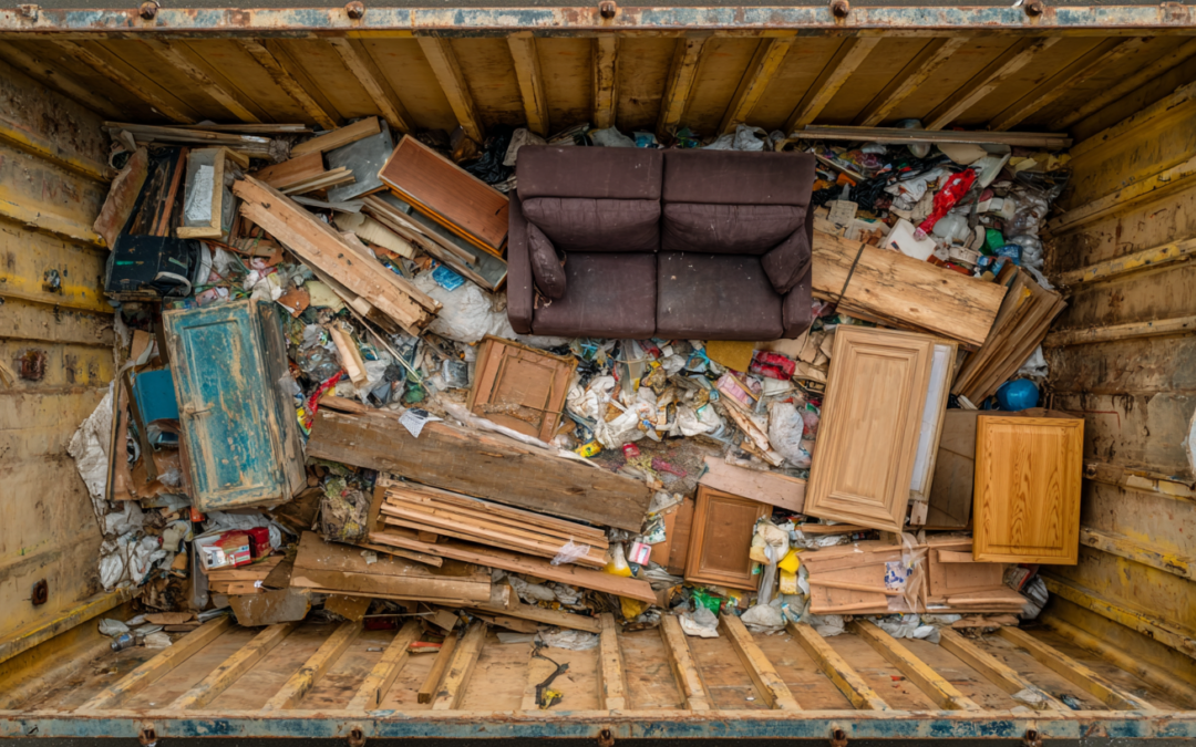 Container mit Sperrmüll, alten Möbeln und Holzabfällen nach einer Entrümpelung.