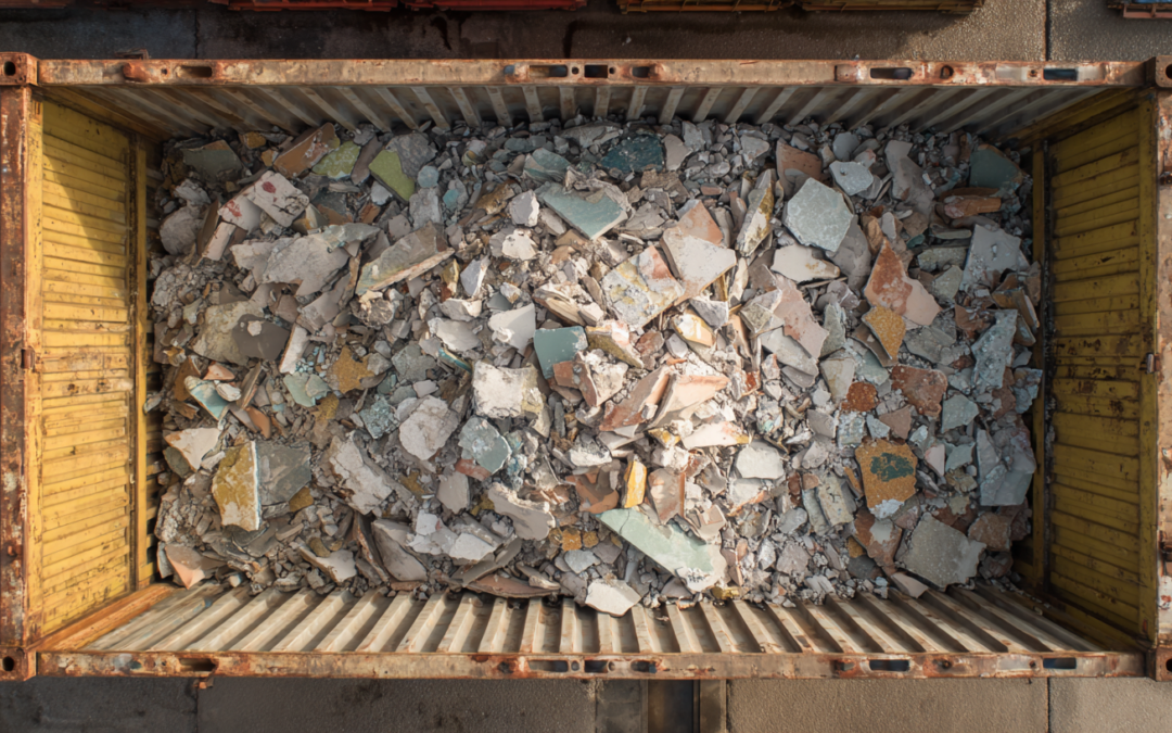 Container mit Bauschutt und Abbruchmaterial nach Renovierungsarbeiten.