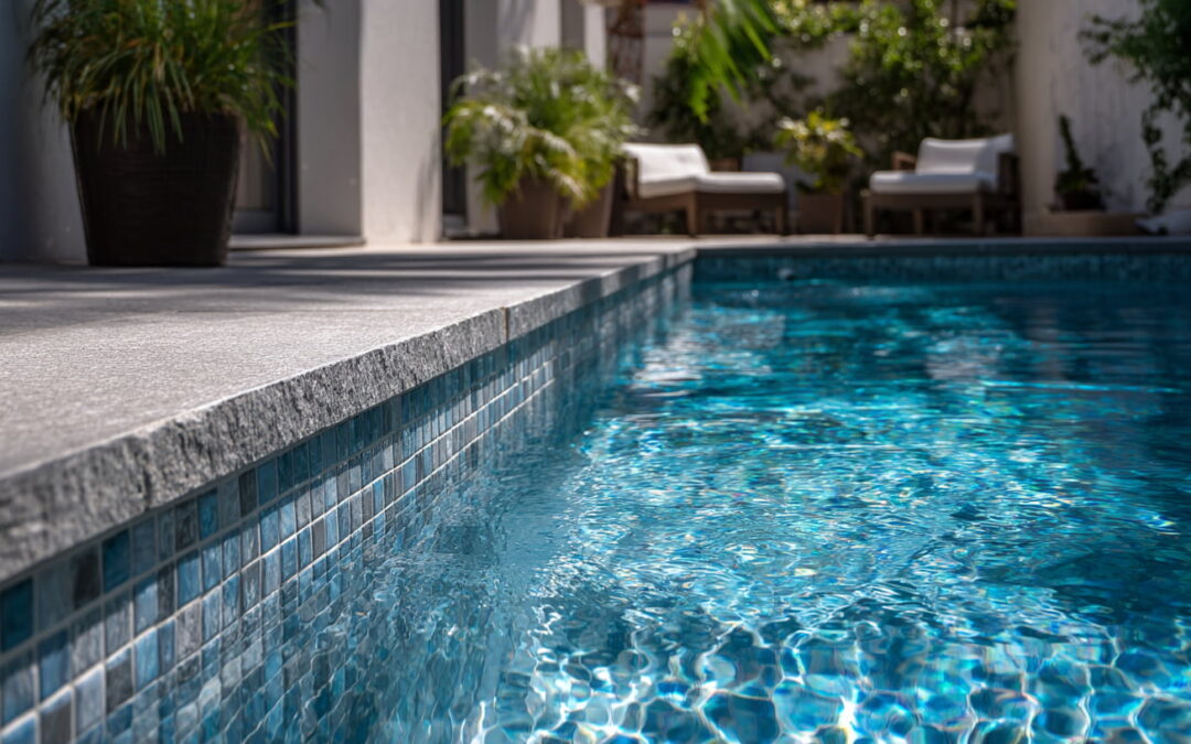 Pool mit blauen Mosaikfliesen und grauer Poolumrandung