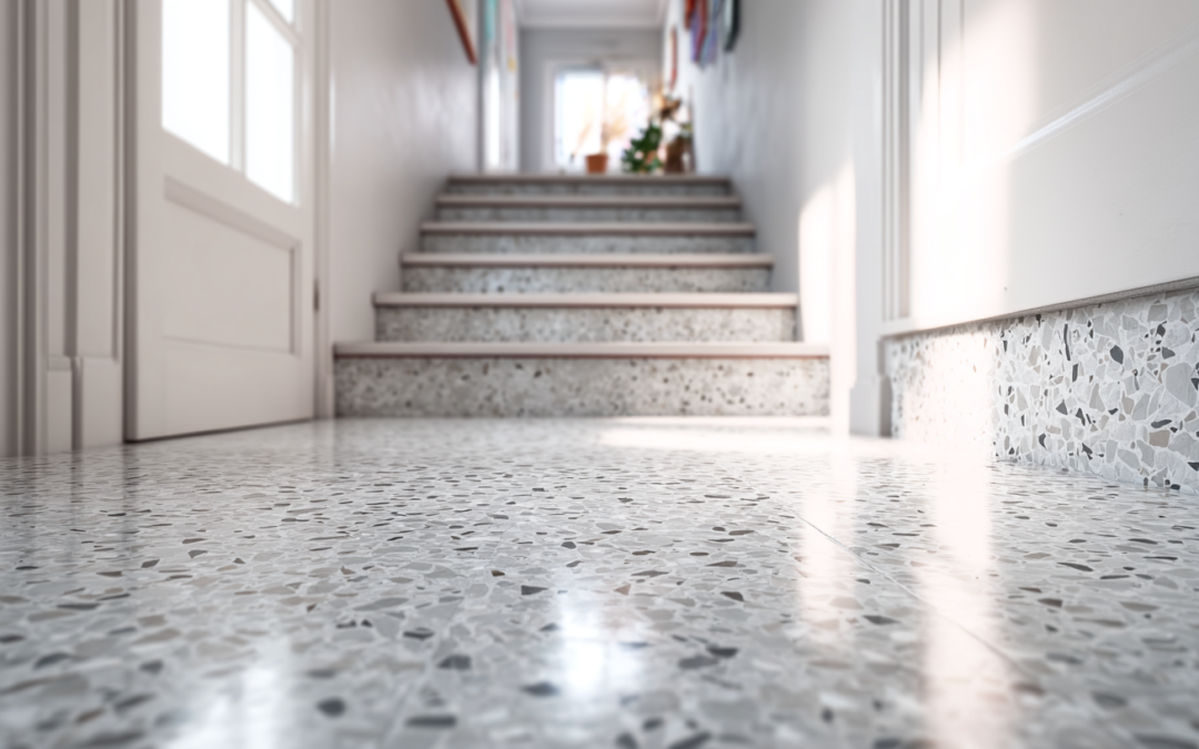 Terrazzo-Fliesen im Stiegenhaus – moderner, fugenarmer Bodenbelag mit langlebiger Oberfläche.