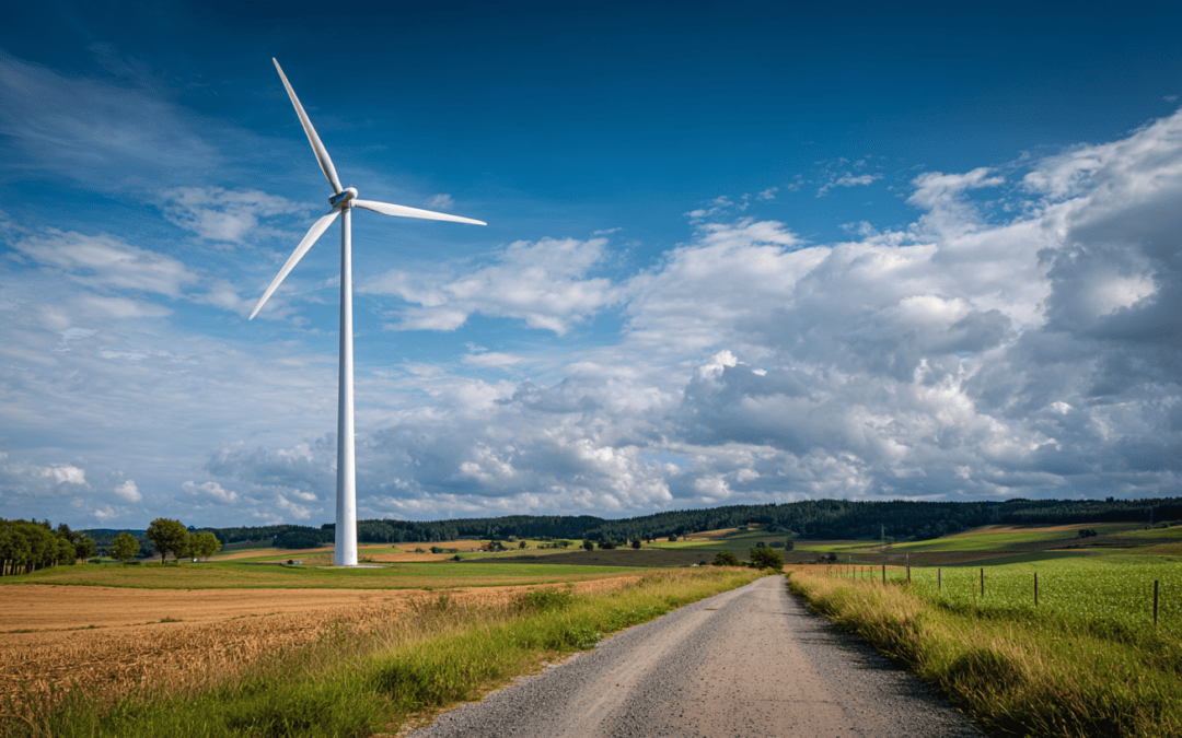 Windkraftanlage in ländlicher Landschaft unter blauem Himmel.